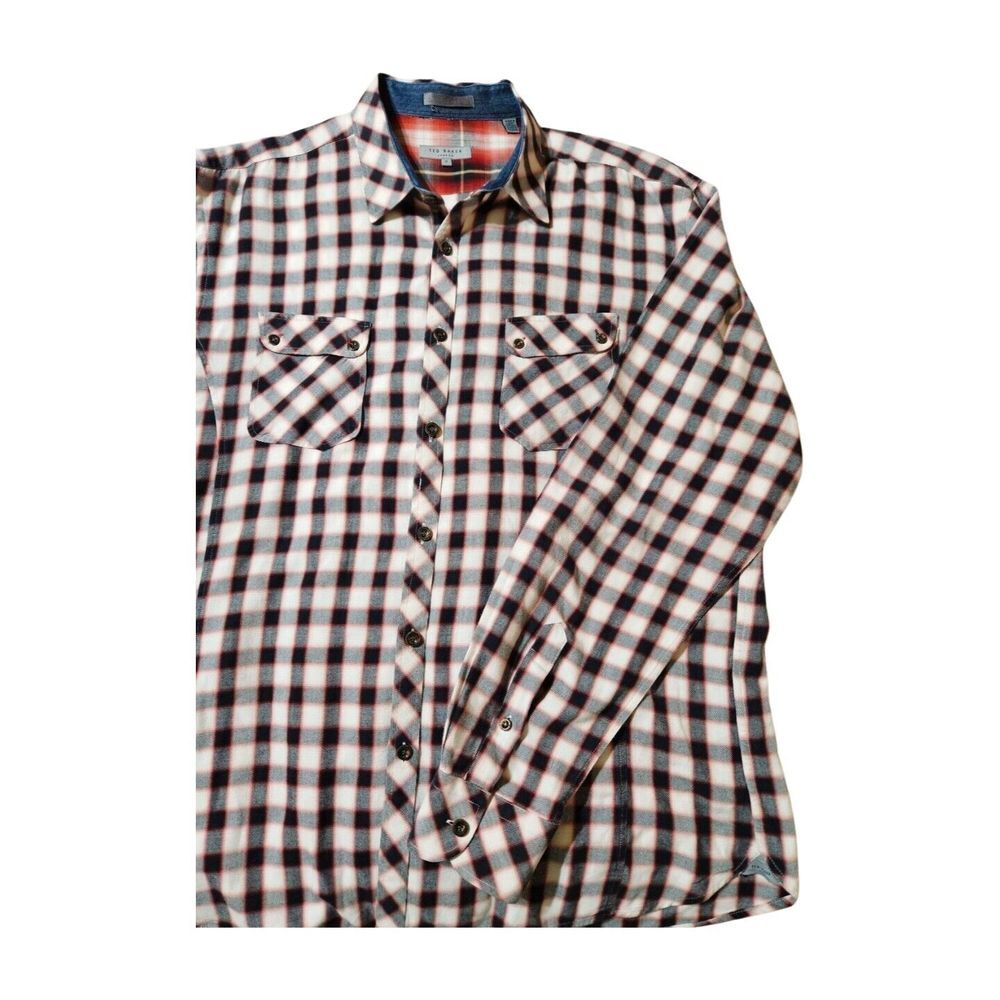 Ted Baker Long Sleeve Plaid Light Flannel Button Up Shirt Flip Cuff Men's 6